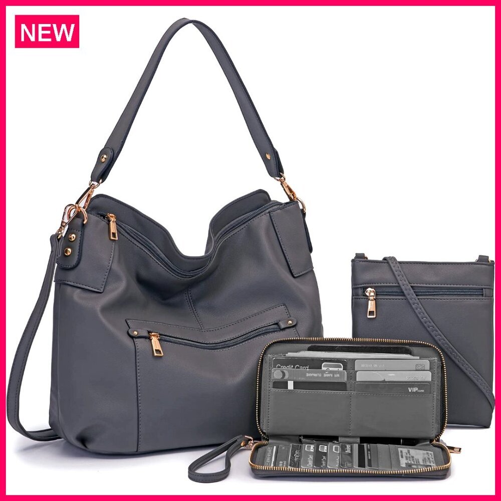 Large Hobo Crossbody Bag Set with Wallet, Synthetic Leather, Multi-Pocket Design